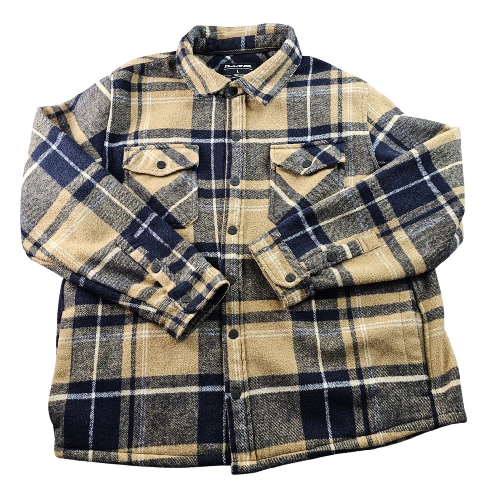 Dakine Shirt Jacket Mens L Navy Beige Plaid Fleece Lined Heavyweight Snap Button